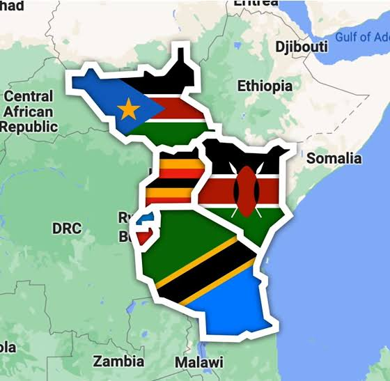 A map showing East African countries represented by their national flags